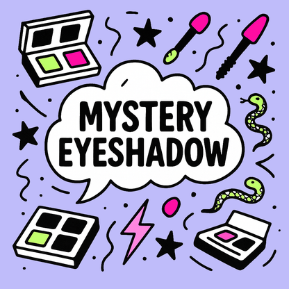 Illustration of makeup products with 'Mystery Eyeshadow' text on a purple background