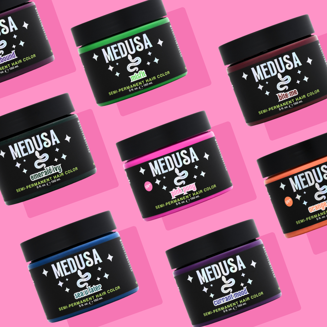 Medusa Hair Dye, vibrant colors, deep conditioning  displayed on a pink flat lay with drop shadow