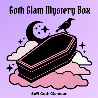 Goth Glam Mystery Box design with a coffin, crow, and moon on a purple background.