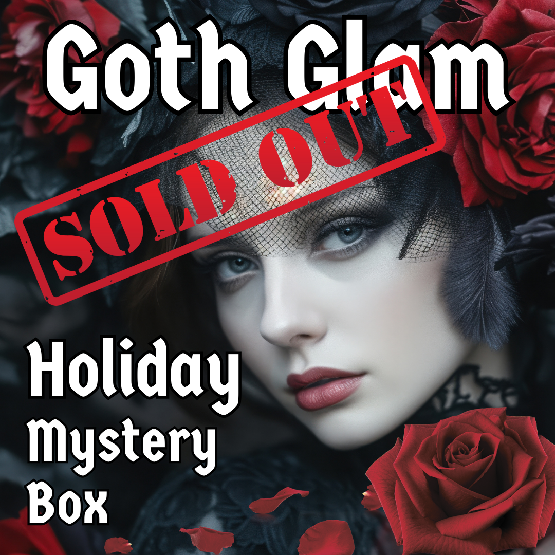 Goth Glam holiday mystery box with red roses and 'SOLD OUT' stamp