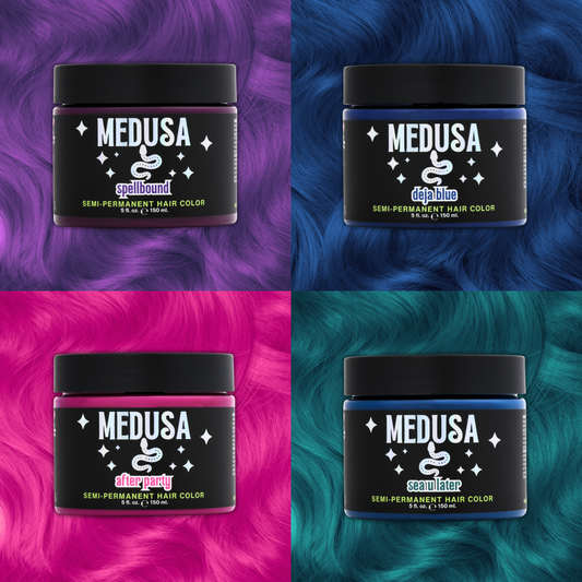 Four jars of Medusa hair color with different colored hair backgrounds.