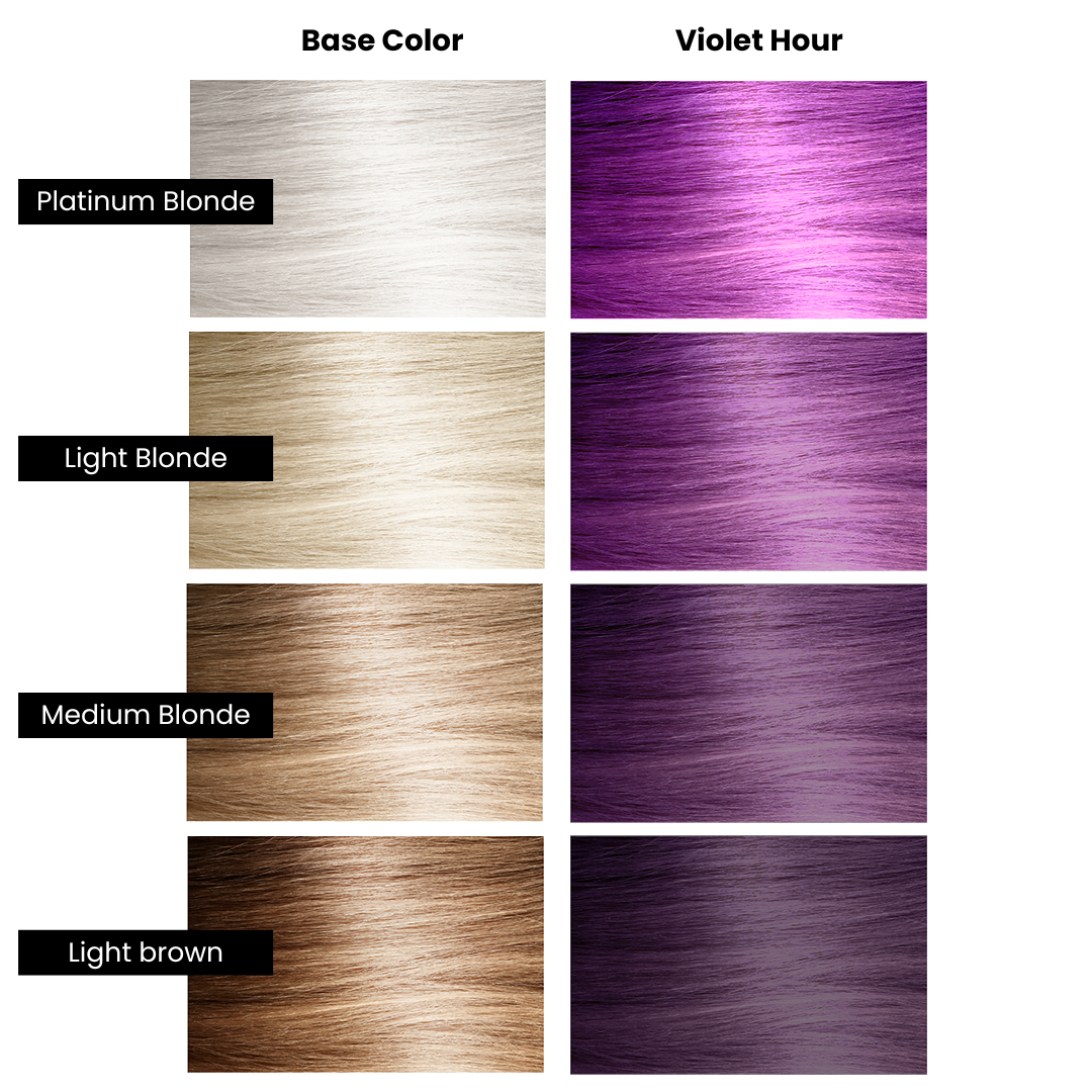 swatch chart of base color and violet hour 