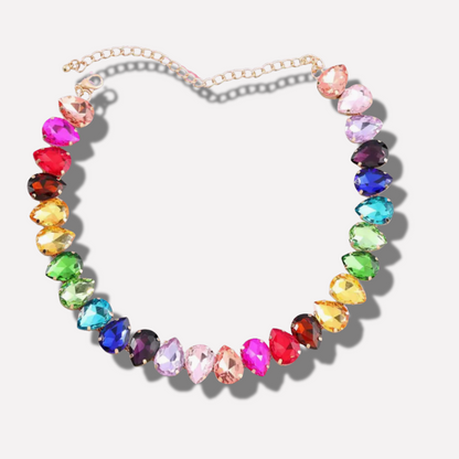 Multicolored beaded necklace on a white background