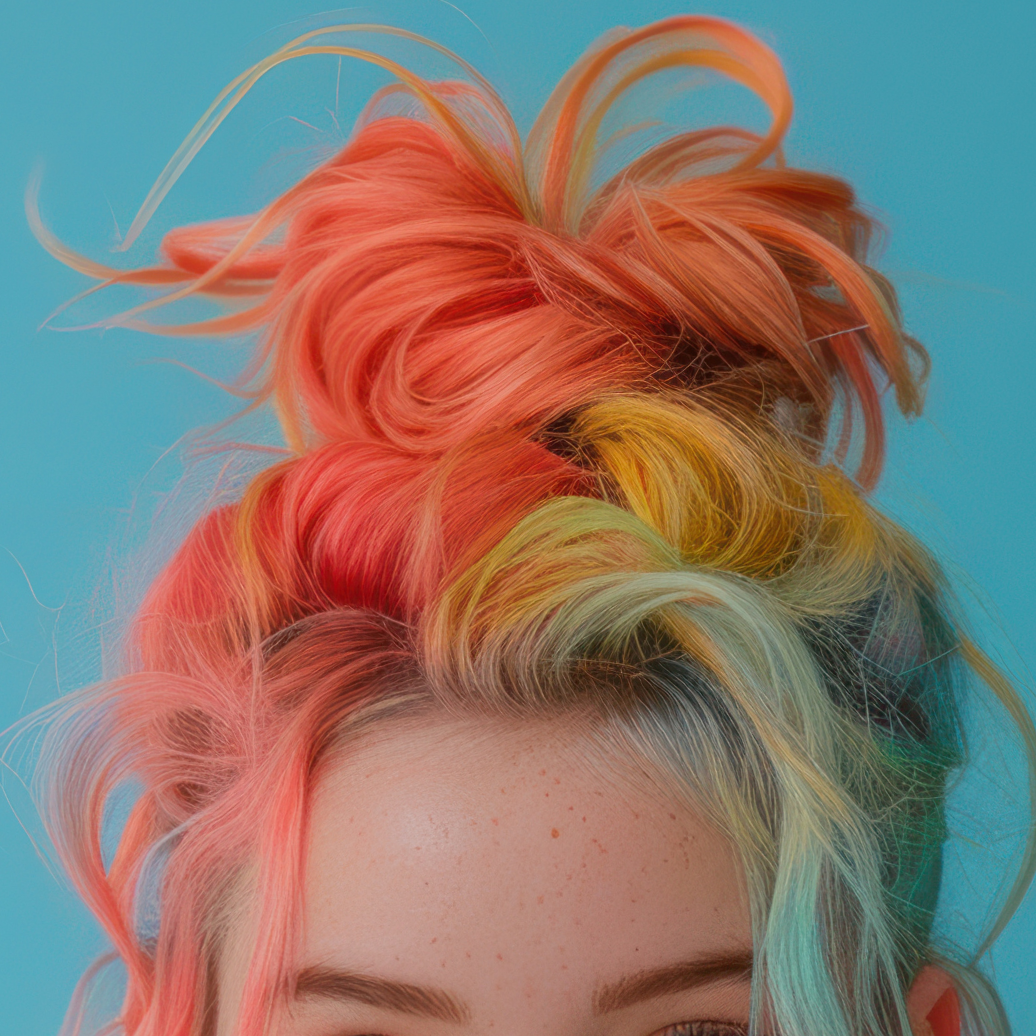 Close-up of a person with colorful hair against a blue background