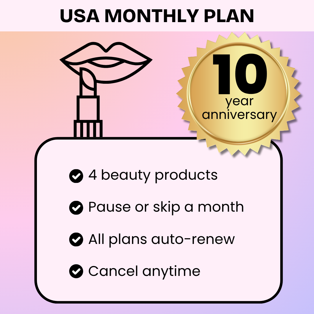 USA Monthly Beauty Plan advertisement with lipstick graphic and 10-year anniversary badge on a gradient background.