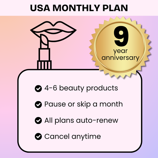 USA Monthly Beauty Plan advertisement with lipstick graphic and anniversary badge on a gradient background