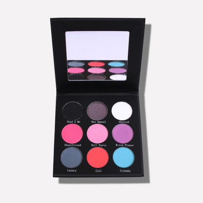 Makeup palette with colorful swatches and names on a white background