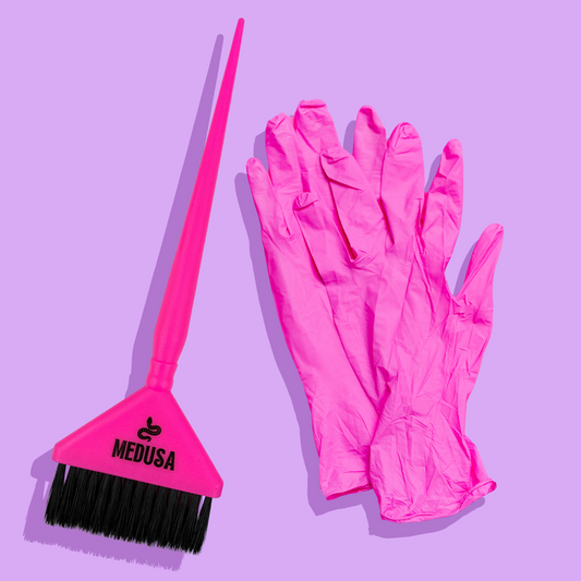 pink tint brush and pink gloves