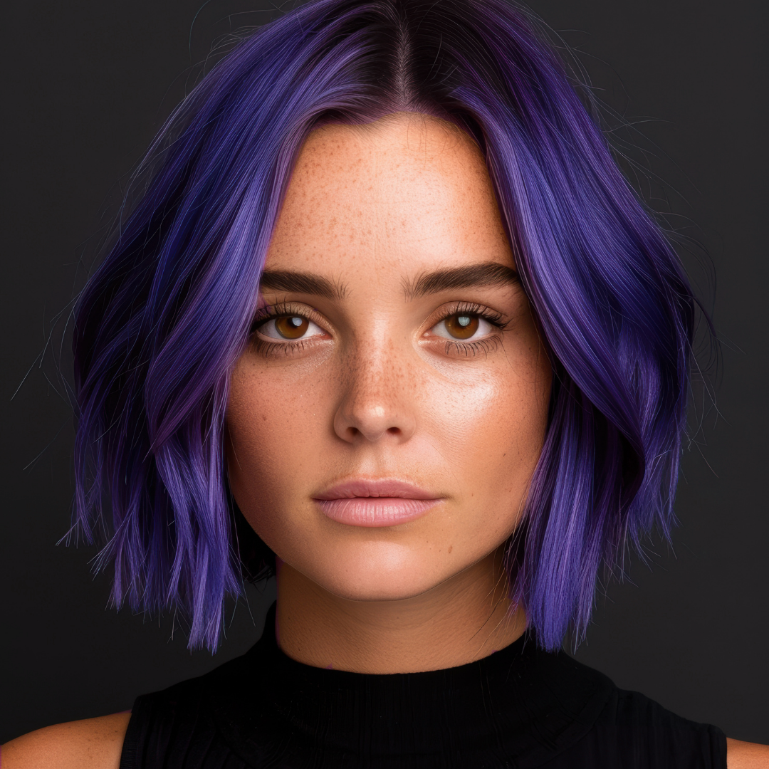 model wearing dark purple hair currant mood