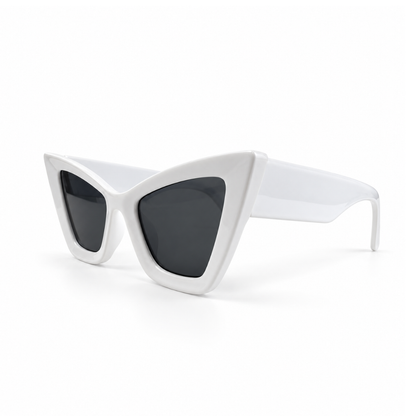 White cat-eye sunglasses with dark gray lenses, shown from a side facing perspective on a clean white background.