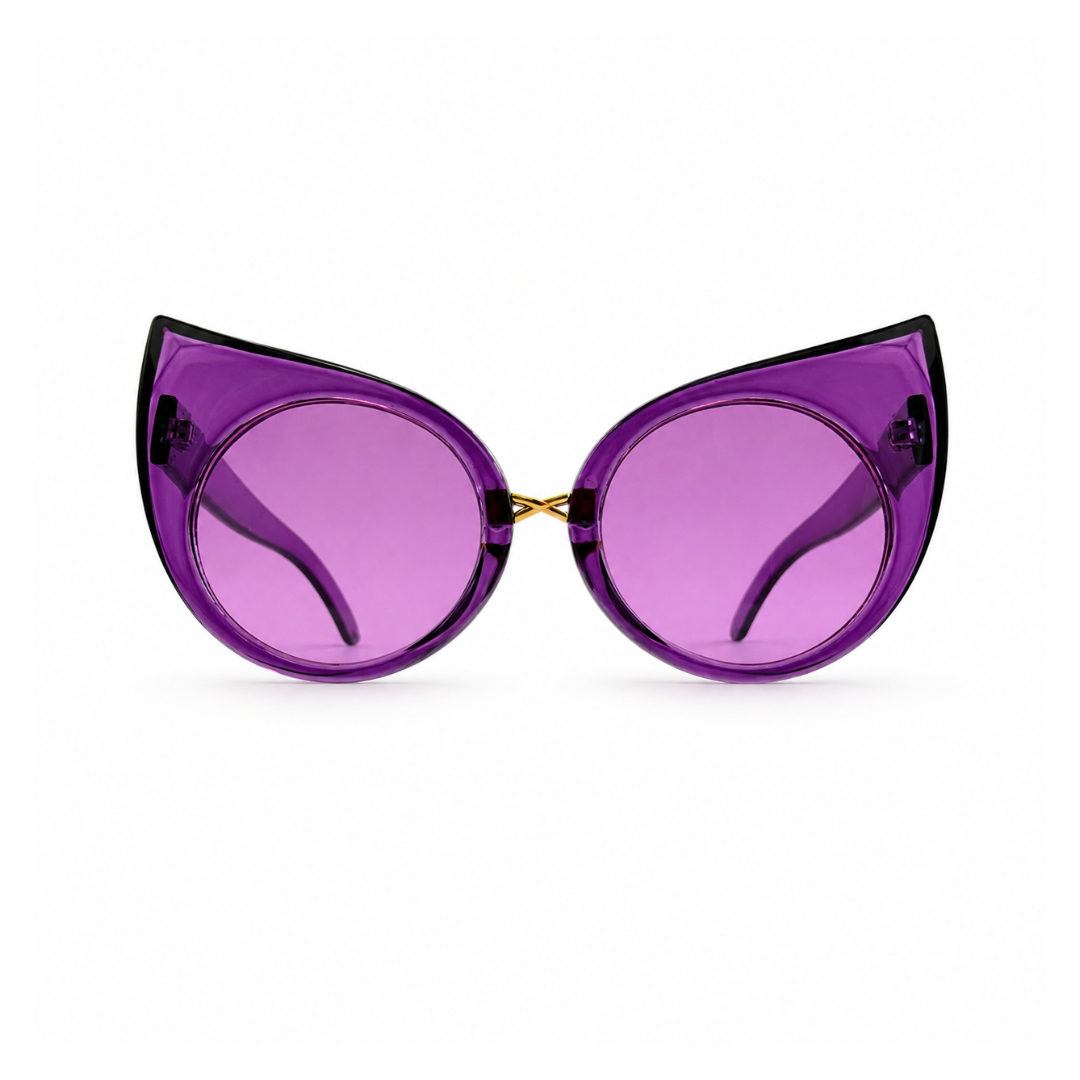 Purple cat-eye sunglasses on a white background
