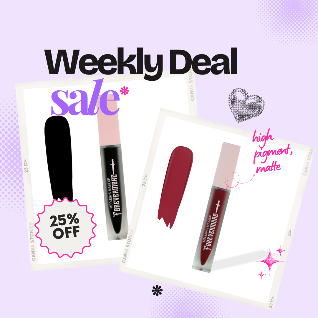 Lipstick products with promotional text on a purple background