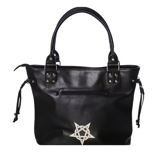 Black handbag with a star design on a white background