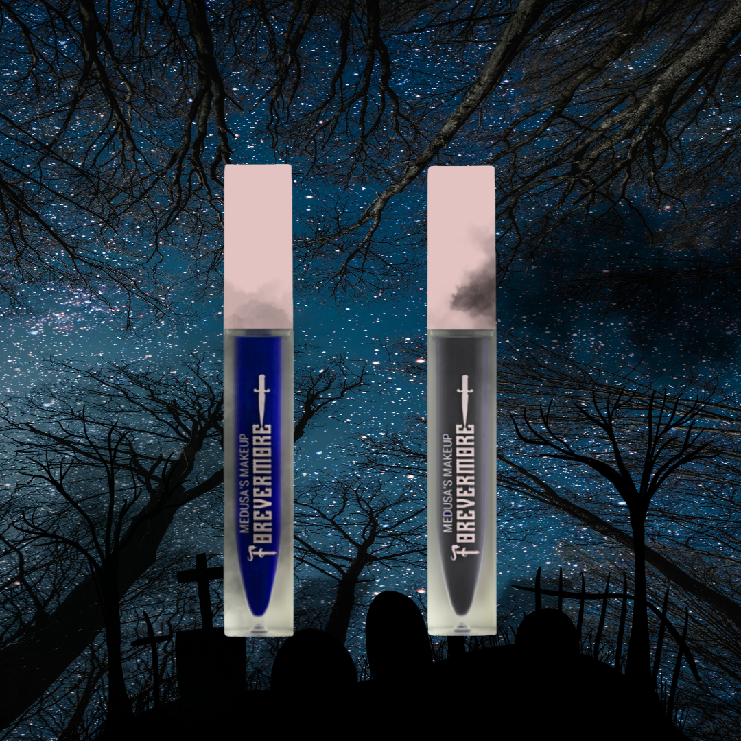 Two makeup products with 'Forevermore' branding against a night sky with trees and crosses.