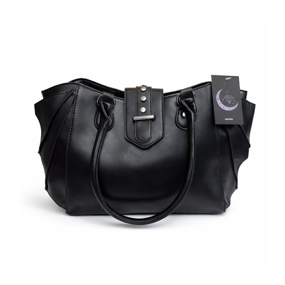 Black handbag with a visible brand tag on a white background