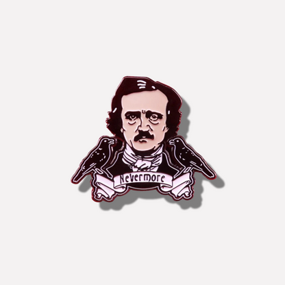 Pin with illustration of a literary character holding two crows and a banner with 'Nevermore' on a light gray background