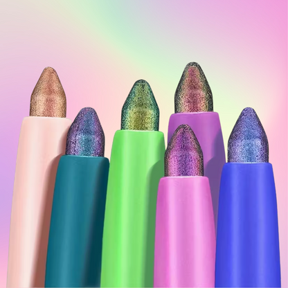 Duochrome eyeliner pen, Colorful makeup pencils with glittery tips on a gradient background