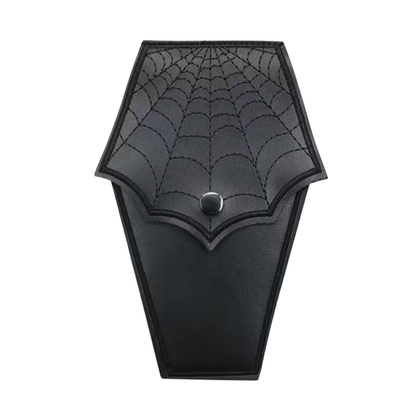 Black coffin-shaped pouch with spider web design on a white background