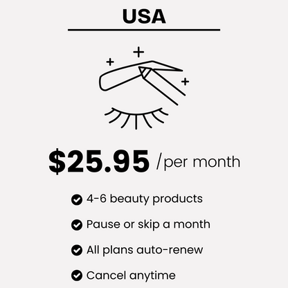 Subscription plan details for beauty products with a price of $25.95 per month on a white background.