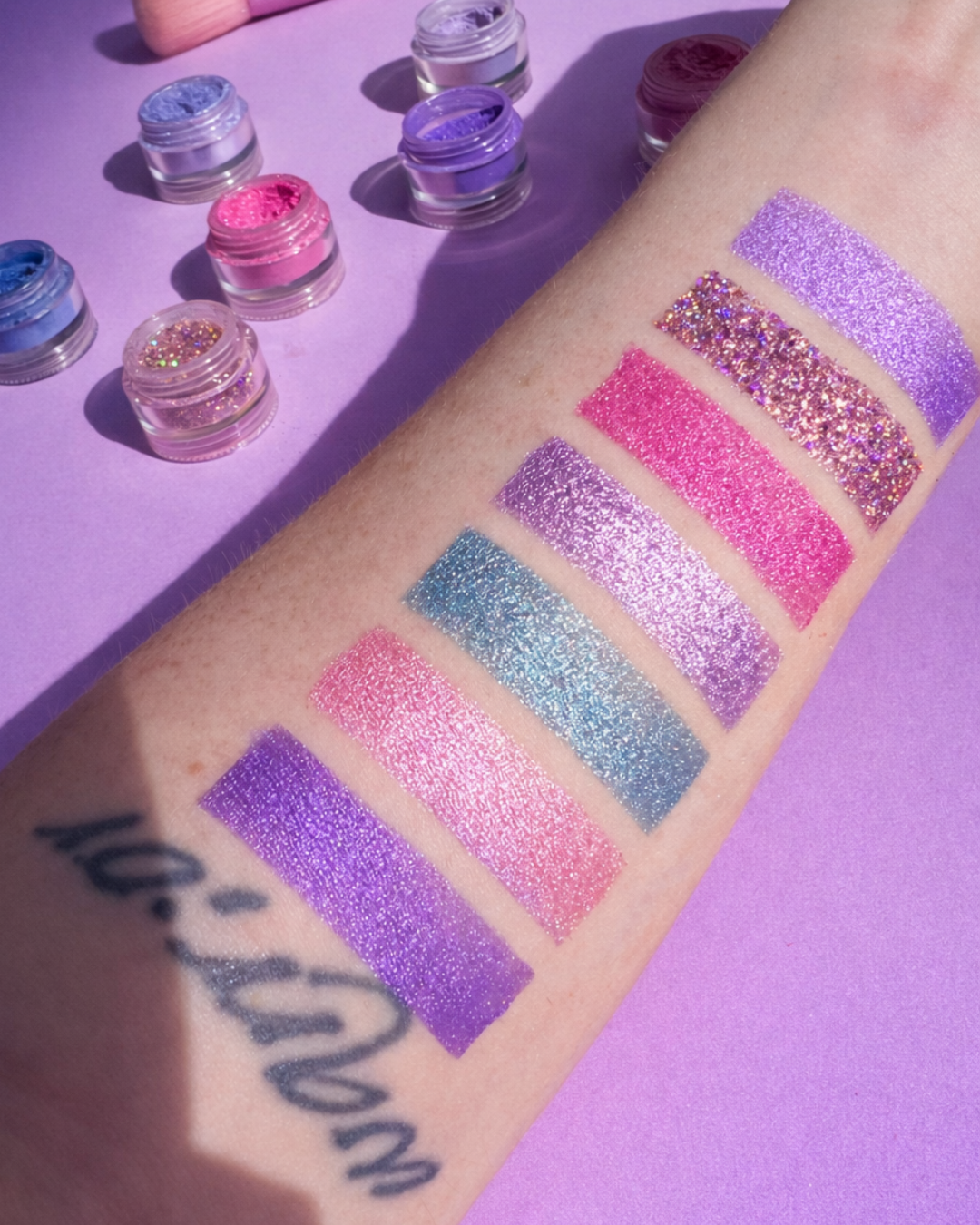 arm swatch with multicolor eyeshadow