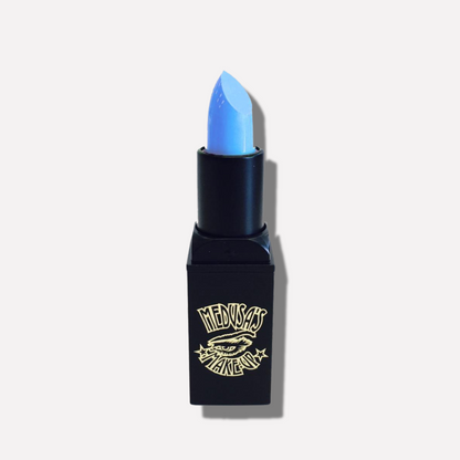 Black lipstick with blue shade and brand logo on a white background