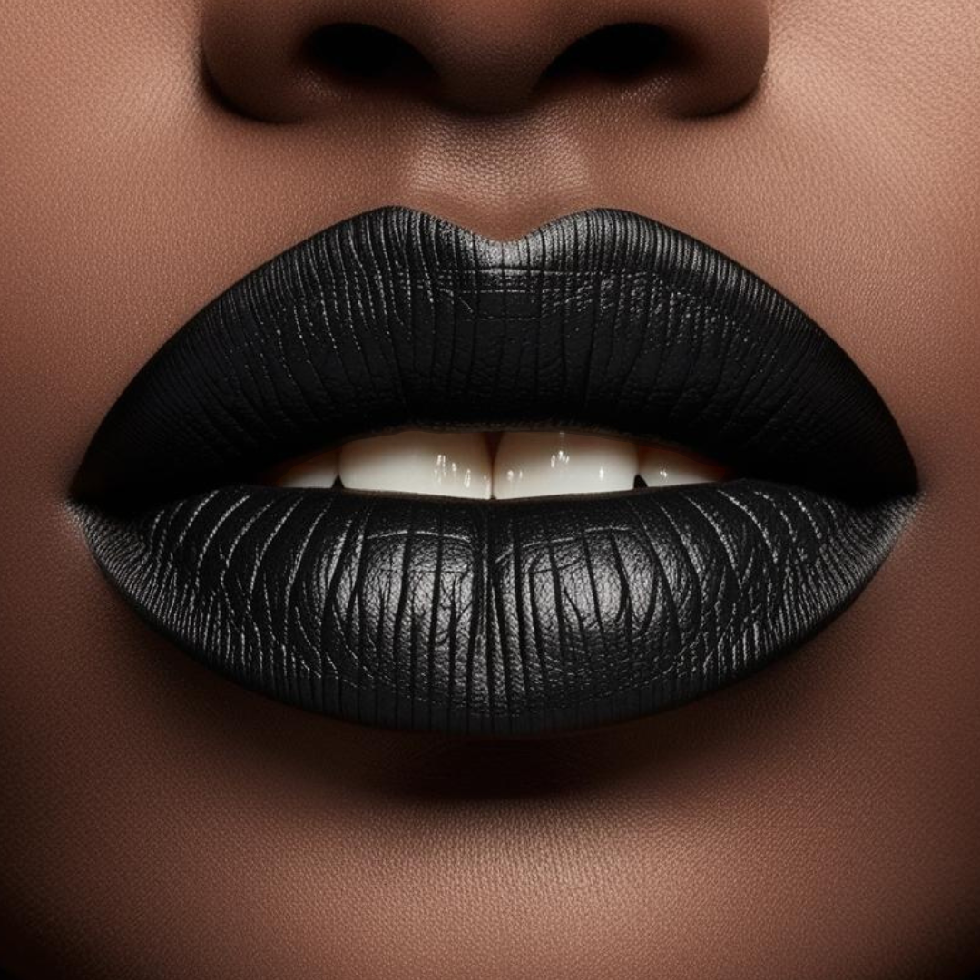 Close up model lips wearing forevermore in black