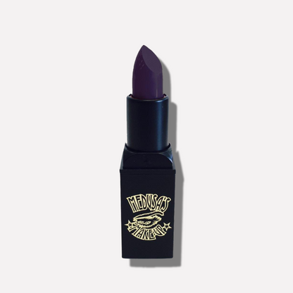 Purple lipstick with black case featuring a logo on a white background