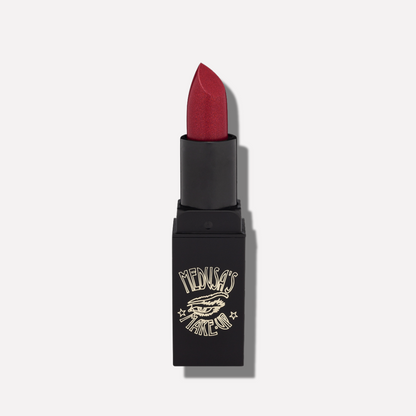 Red lipstick in a black case with a brand logo on a white background