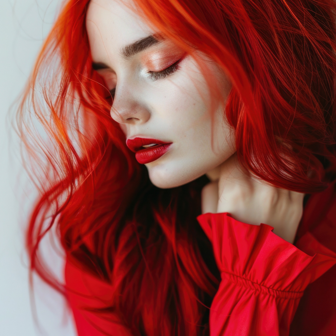 model wearing bright red rebel red hair