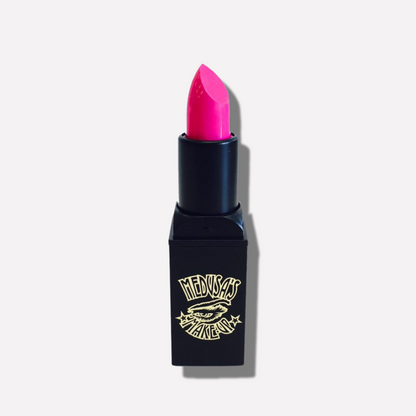 Pink lipstick in a black case with a brand logo on a white background