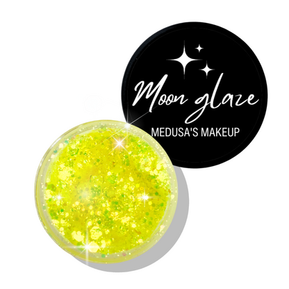 Yellow iridescent, chunky glitter gel.
