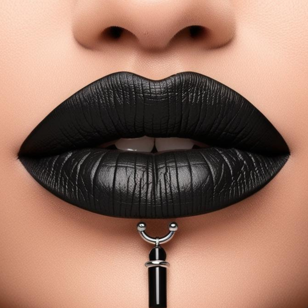 Close up model lips wearing forevermore in black