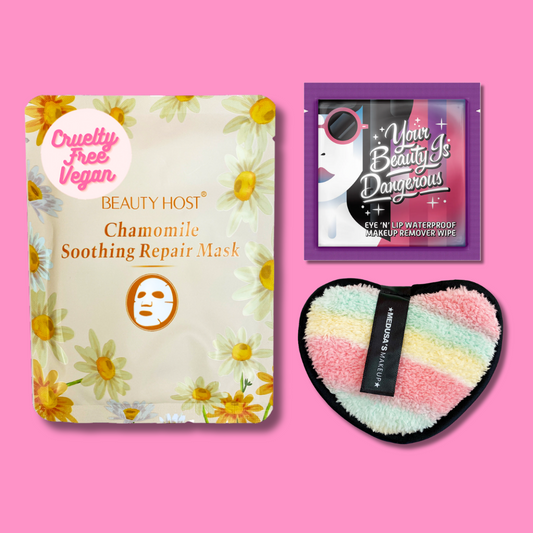 This 3 Face Pack offers a comprehensive skincare solution, featuring La Fresh makeup remover wipe, a Chamomile Moisturizing Mask, and a Heart Makeup Remover Pad.