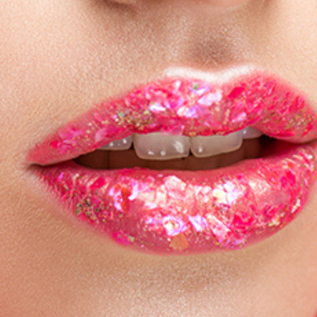 closeup of a models lips wearing chunky glitter makeup