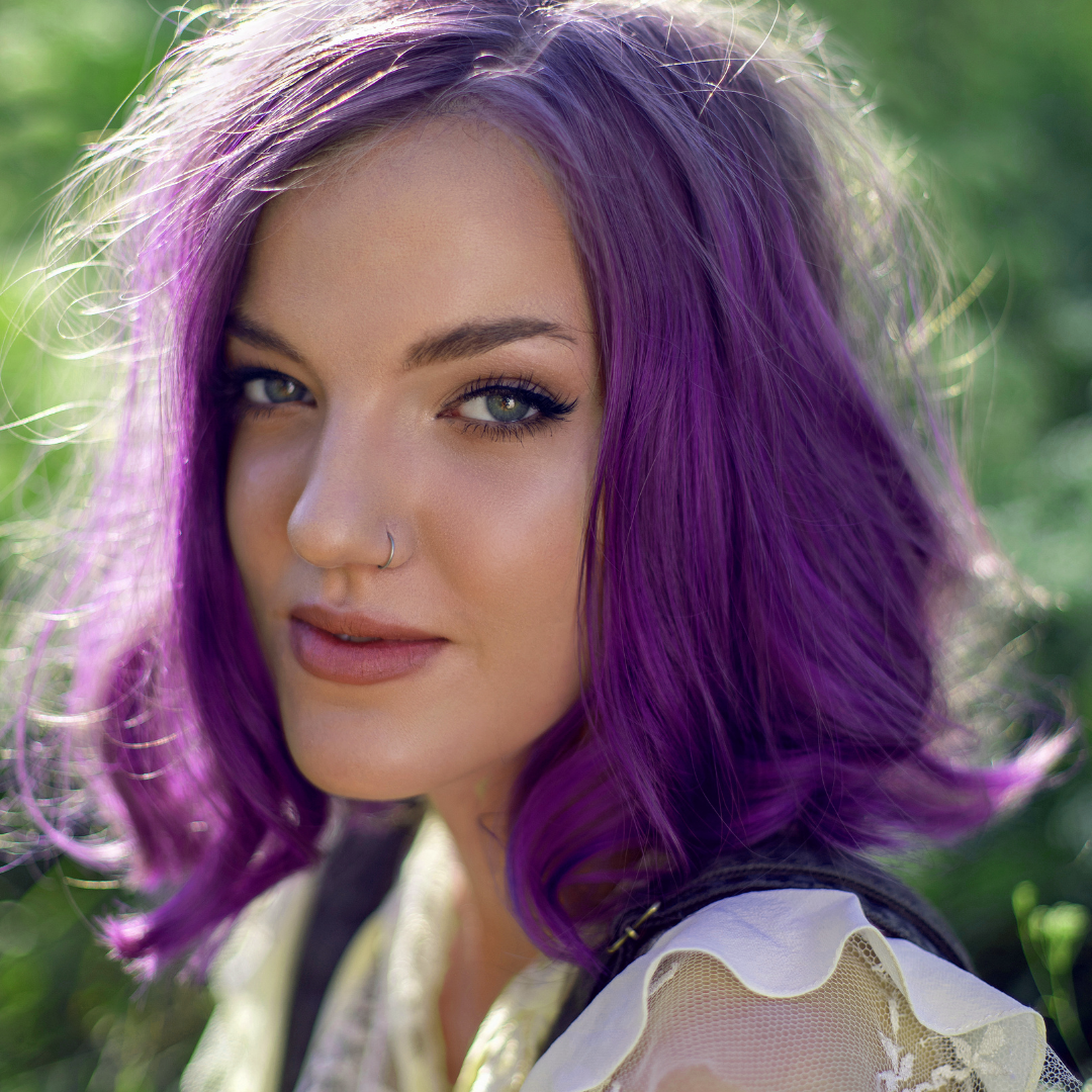 model wearing purple hair violet hour