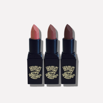 Three lipsticks with black cases and visible brand logo on a white background