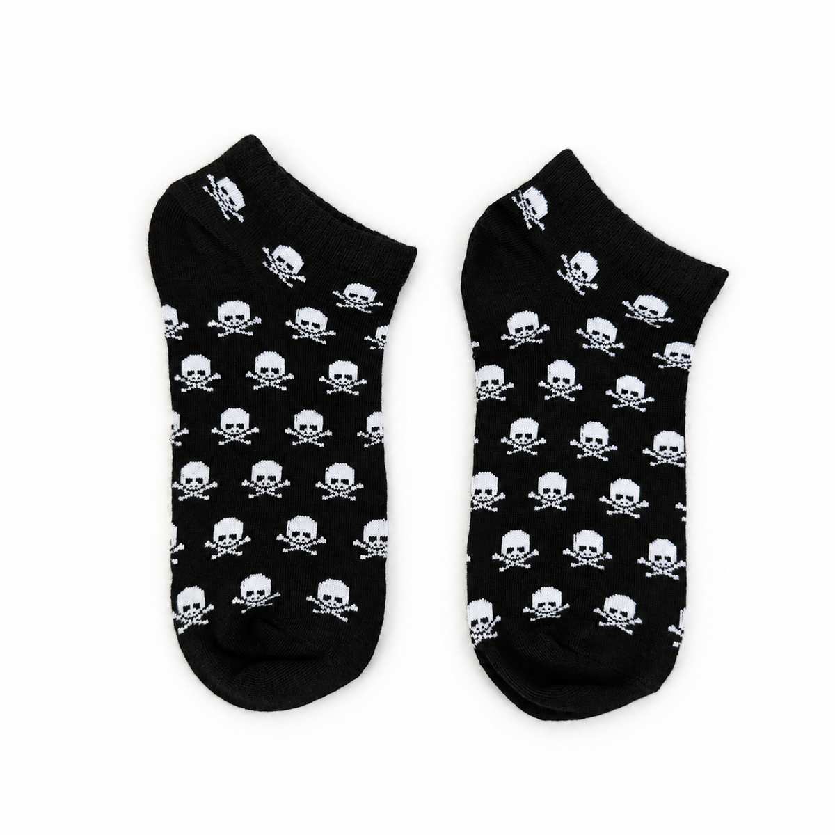 A pair of black ankle socks with a repeating white skull and crossbones pattern, displayed flat against a plain white background.