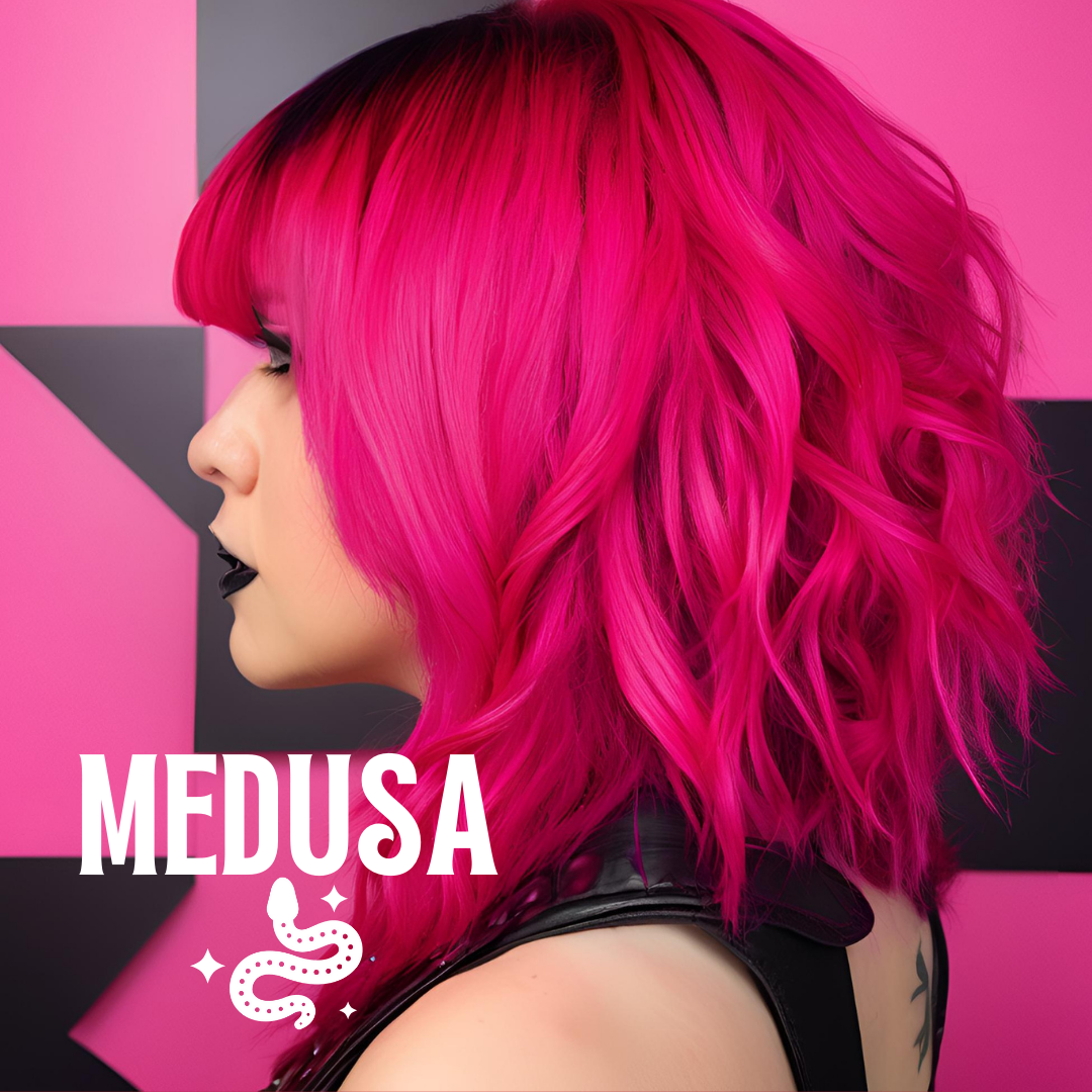 model with hot pink hair