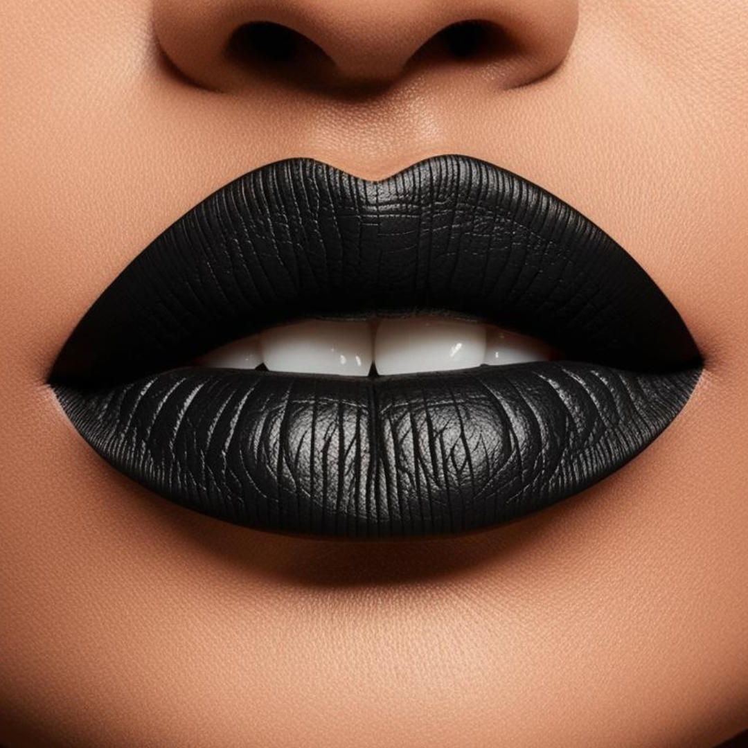 Close up model lips wearing forevermore in  black