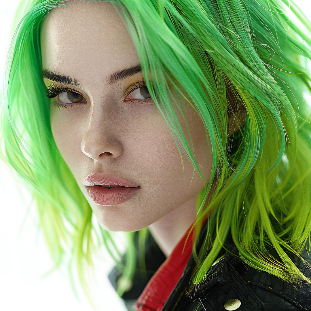 model with green misfit hair color