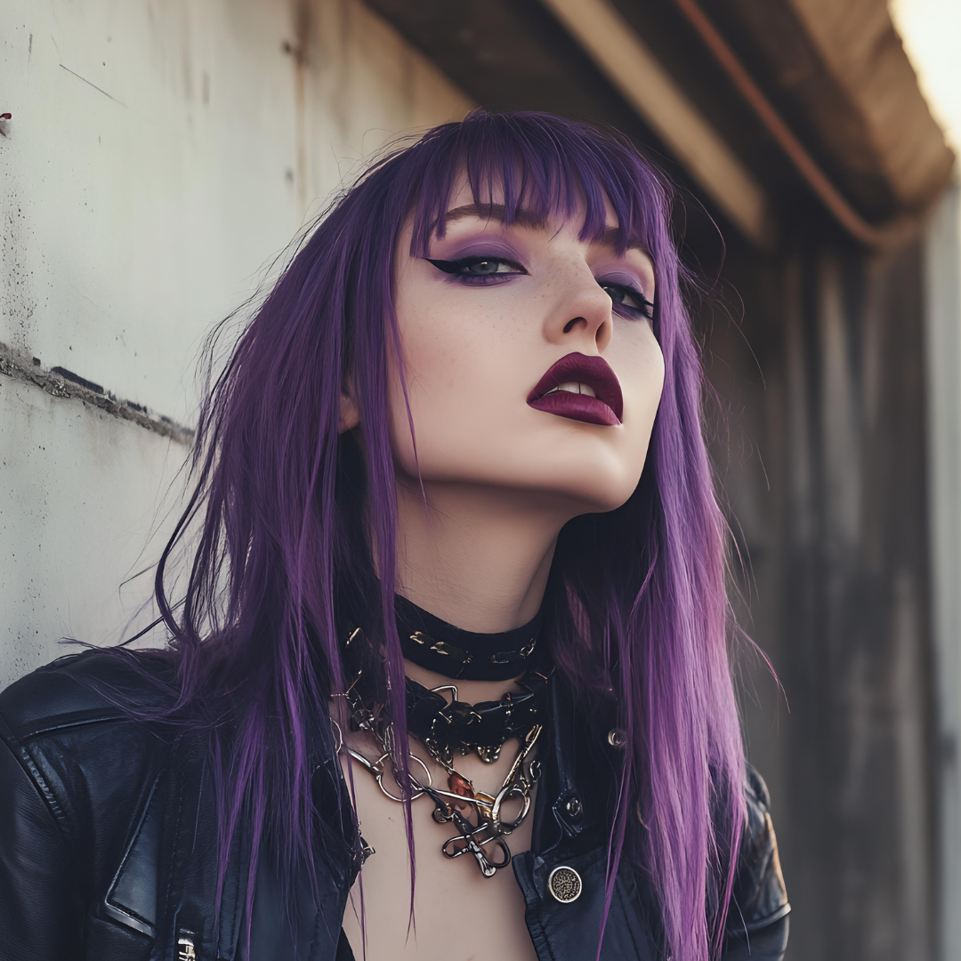 goth model wearing spellbound purple hair dye