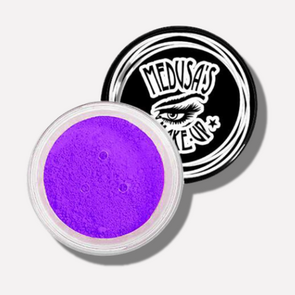 Purple powder in a container with a black lid featuring a logo on a white background