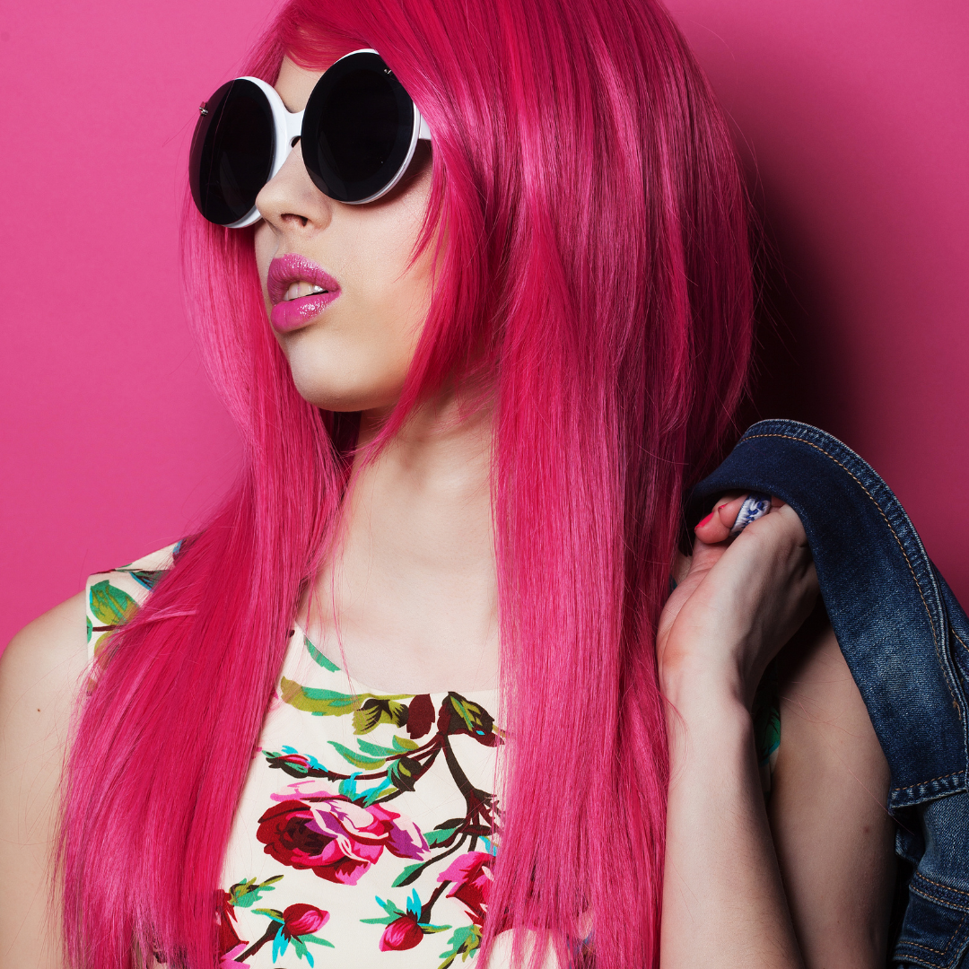 model wearing hot pink hair after party