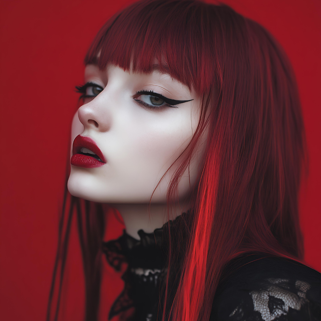 goth model wearing red hair bite me