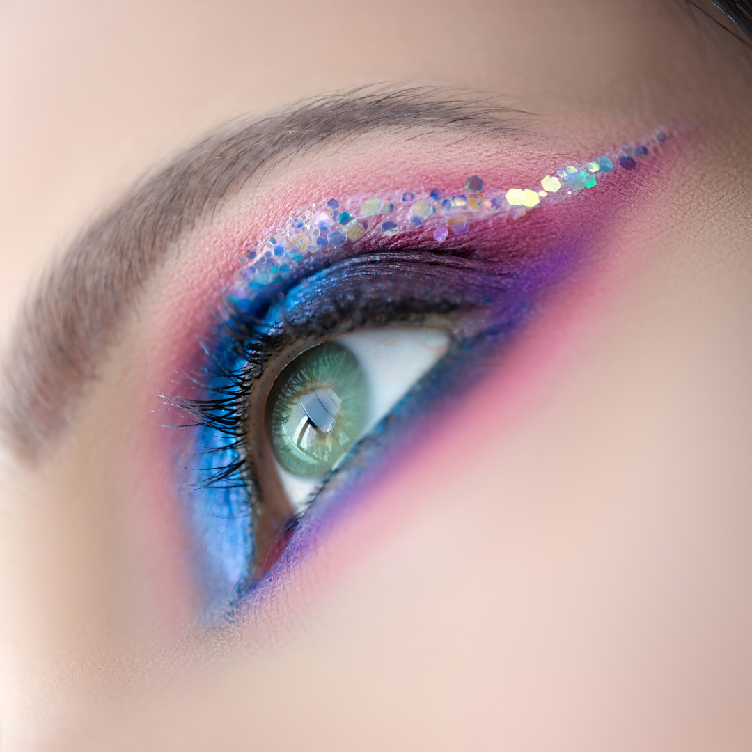 closeup model eye wearing shimmer makeup and chunky glitter