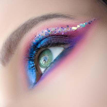 closeup model eye wearing shimmer makeup and chunky glitter