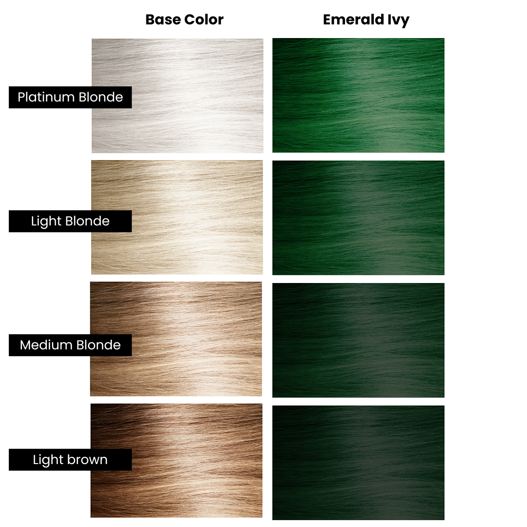 swatch chart of base color and violet hour  emerald ivy