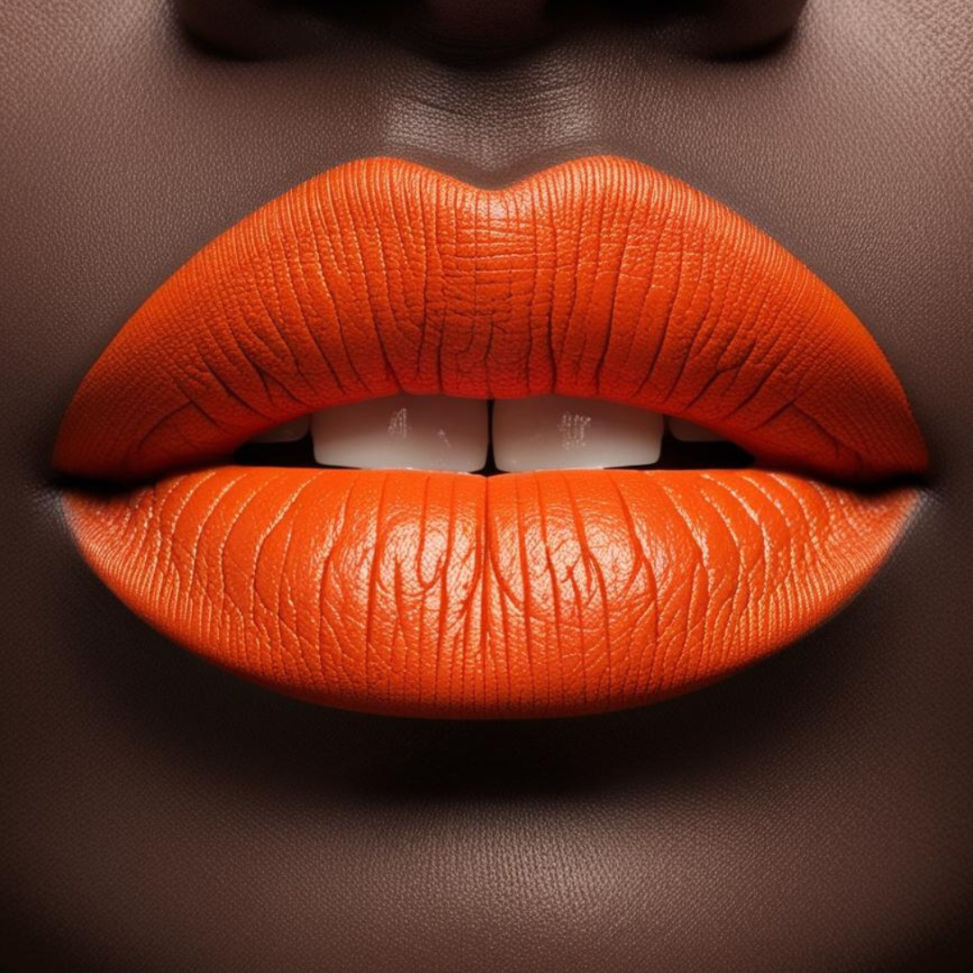 Close up model lips wearing forevermore in orange