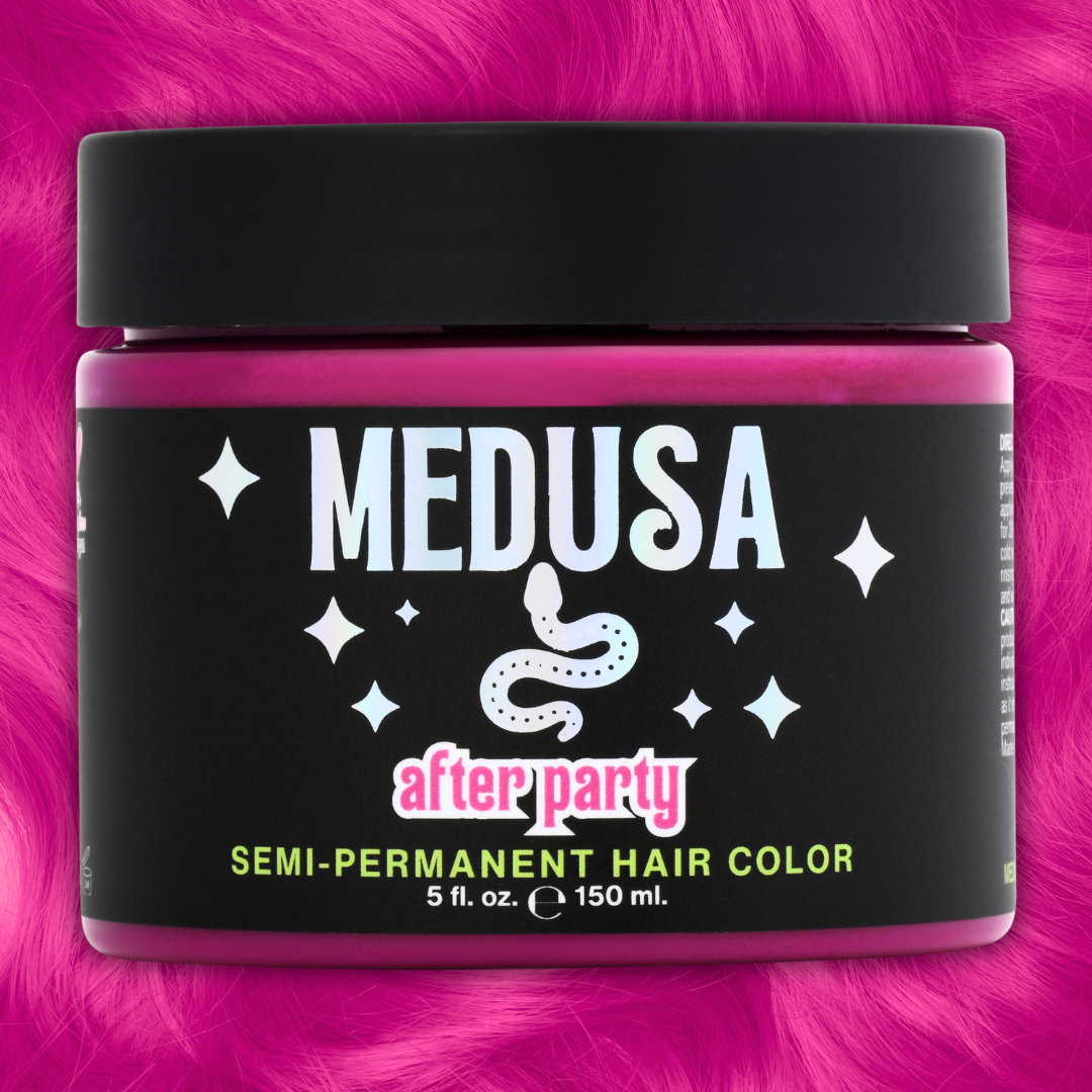 A jar of Medusa After Party Semi-Permanent Hair Color, featuring a black label with white and pink lettering, set against a bright pink faux fur background.