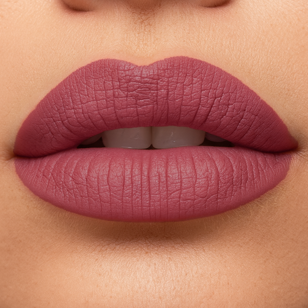 Close-up of a person wearing a pink lipstick on a beige background